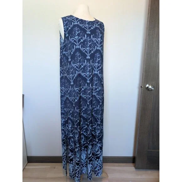 Chicos Navy Blue Sleeveless Maxi Dress With Damask Print Size 3 XL - Picture 1 of 4